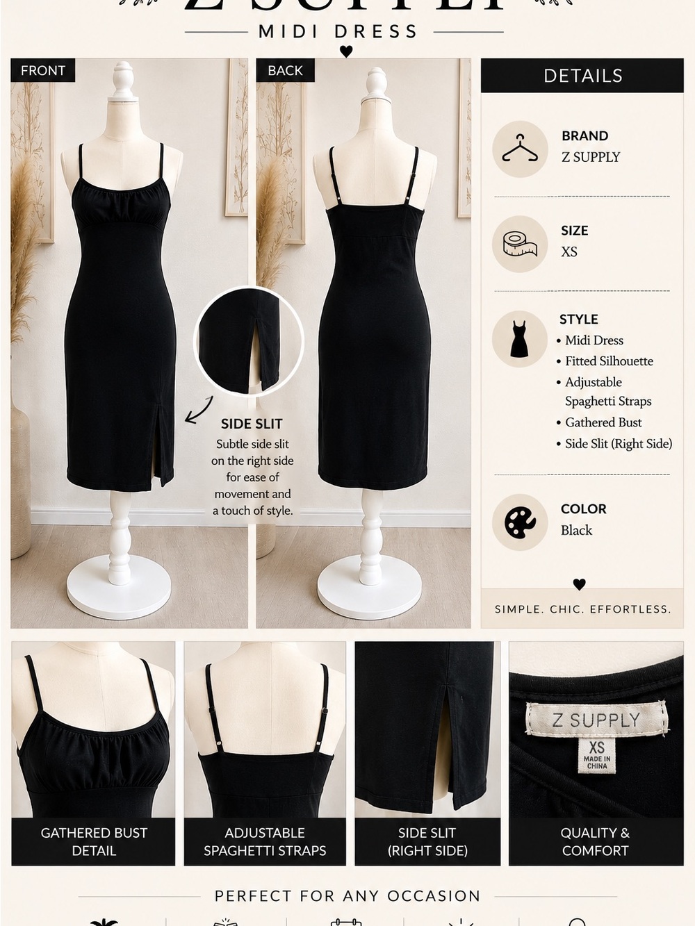 Z Supply Black Gathered-Bust Midi Dress with Side Slit